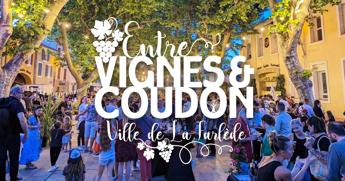"Affiche pour l'événement 'Entre Vignes & Coudon' à La Farlède, montrant une foule dans une ambiance festive."