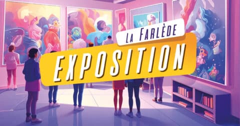 "Affiche pour une exposition d'art à La Farlède avec des visiteurs admirant des peintures."
