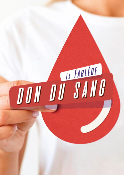 "Image d'une main tenant une pancarte rouge avec l'inscription 'La Farlède Don du Sang' et une illustration de goutte de sang."