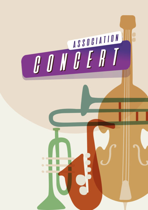 "Affiche pour un concert organisé par une association, illustrée avec des instruments de musique stylisés (trombone, saxophone, tuba) et le texte 'ASSOCIATION CONCERT' en gros caractères."
