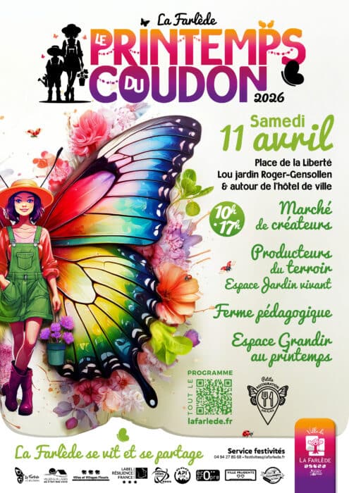 "Affiche pour l'événement 'Le Printemps du Coudon 2026' à La Farlède, qui aura lieu le samedi 11 avril 2026 de 10h à 17h à la Place de la Liberté, Lou jardin Roger-Gensollen et autour de l'hôtel de ville. L'affiche met en avant un marché de créateurs, des producteurs du terroir, un espace jardin vivant, une ferme pédagogique, des ateliers et démonstrations, et une fresque des ambassadeurs."