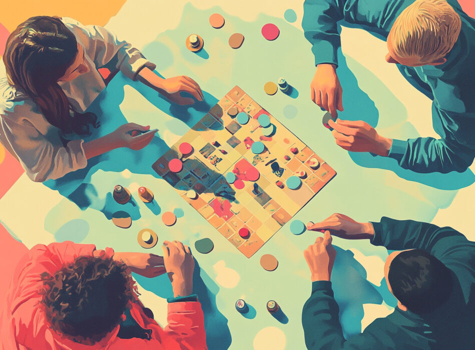 "Illustration stylisée montrant quatre personnes assises autour d'une table jouant à un jeu de société coloré, avec des pions et des dés dispersés sur un plateau. L'image utilise des couleurs vives et un style graphique moderne pour évoquer la convivialité et le partage."