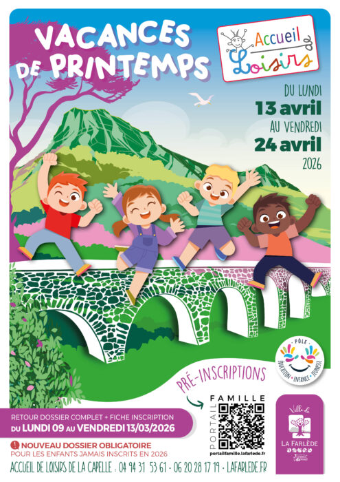« Affiche des vacances de printemps 2026 pour l’accueil de loisirs de La Farlède. Trois enfants joyeux sautent au-dessus d’un pont en pierre, avec des montagnes en arrière-plan. Pré-inscriptions du 9 au 13 mars 2026. »