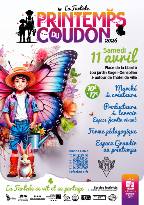 « Affiche pour l'événement "Le Printemps du Coudon 2026" à La Farlède. Illustration d'un enfant avec des ailes de papillon et un lapin, entouré de fleurs. Marché de créateurs, producteurs locaux, ferme pédagogique et espace jardin vivant, samedi 11 avril 2026, Place de la Liberté et Jardin Roger-Gensollen. »