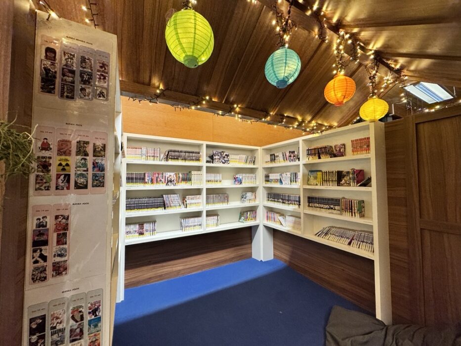 Photo de l'espace manga de la médiathèque Eurêka. Les étagères en bois blanc sont remplies de séries de mangas bien organisées. L'espace est décoré avec des lanternes colorées suspendues et des guirlandes lumineuses, créant une ambiance chaleureuse et conviviale. Un tapis bleu au sol et des affiches de mangas sur les murs complètent l'aménagement.