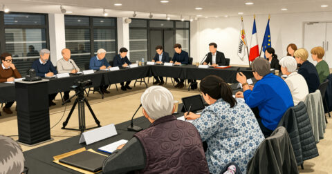 "Photo d'une réunion officielle ou d'un conseil municipal dans une salle moderne. Les participants sont assis autour d'une table en forme de U, avec des drapeaux français et européens en arrière-plan. Plusieurs personnes prennent des notes ou utilisent des microphones, et une caméra est installée pour filmer la réunion."