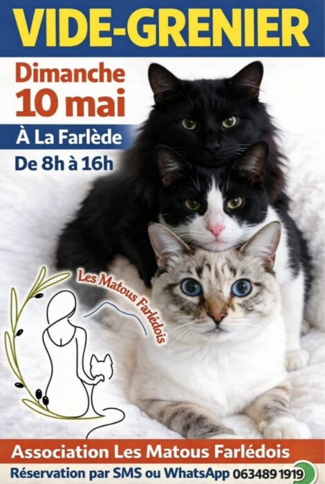 "Affiche pour un vide-grenier organisé par l'association Les Matous Farlédois, dimanche 10 mai à La Farlède de 8h à 16h. Réservation par SMS ou WhatsApp au 06 34 89 19 19."