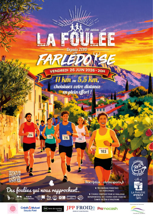 Affiche de course à pied "La Foulée Farlédoise", 16e édition, organisée à La Farlède le vendredi 26 juin 2026 à 20h, avec deux distances proposées : 11 km ou 5,5 km. Des coureurs traversent le village au coucher du soleil, avec le Coudon en arrière-plan.