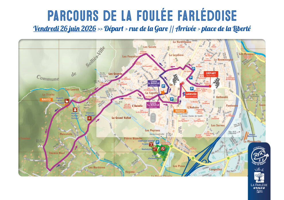 Carte du parcours de la Foulée Farlédoise 2026 à La Farlède, avec un départ rue de la Gare et une arrivée place de la Liberté. Le circuit propose une boucle de 5,5 km ou deux boucles pour un total de 11 km, avec des points de ravitaillement indiqués.