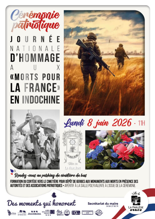 « Affiche pour la cérémonie patriotique de la Journée Nationale d'Hommage aux 'Morts pour la France' en Indochine, le lundi 8 juin 2026 à 11h au parking du cimetière du bas à La Farlède. Formation d'un cortège pour le dépôt de gerbes aux monuments aux morts. »