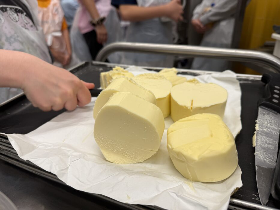 Atelier de fabrication de beurre au centre de loisirs : un enfant manipule des blocs de beurre frais posés sur du papier sulfurisé, sous la supervision d’adultes en arrière-plan. Un couteau est visible à côté des blocs, et l’ambiance est collaborative et éducative.