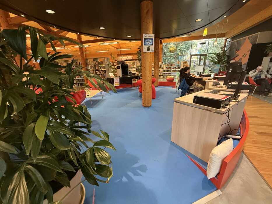 Espace informatique de la médiathèque de La Farlède, avec des postes de travail équipés d’ordinateurs. Au premier plan, une plante verte apporte une touche naturelle. En arrière-plan, des étagères remplies de livres, des sièges colorés, et des usagers concentrés sur leurs écrans ou en train de consulter des ressources. L’espace est lumineux, moderne et accueillant.