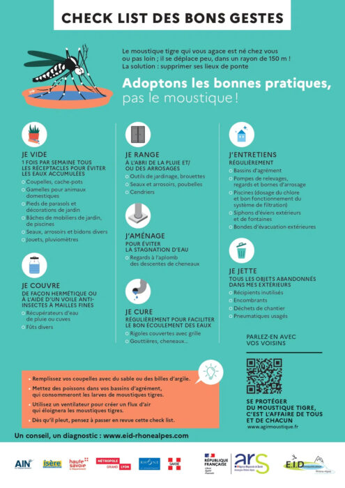 Infographie présentant les gestes à adopter pour limiter la prolifération du moustique tigre en supprimant les eaux stagnantes autour de son habitation.
