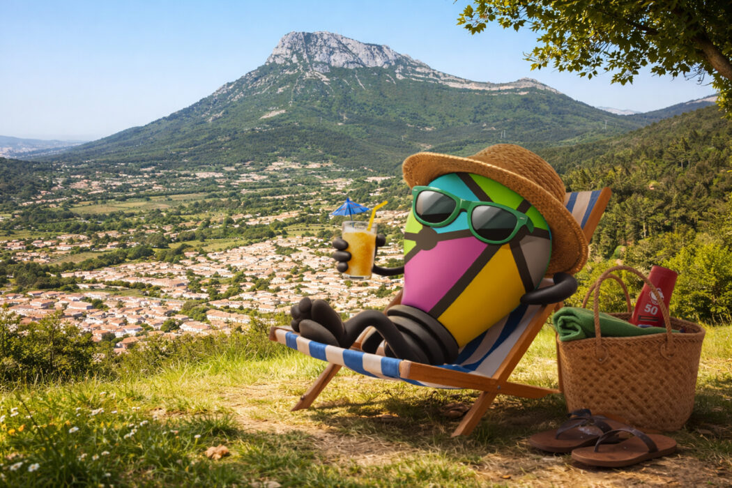 « Illustration humoristique d'un personnage coloré en tenue estivale, assis sur une chaise longue en montagne. Il porte des lunettes de soleil, un chapeau de paille, et tient un verre de boisson fraîche. Un panier de pique-nique et des tongs sont posés à côté. »