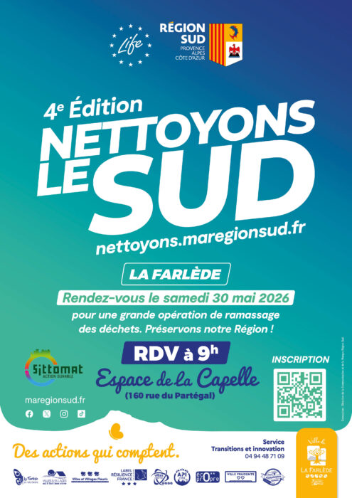 "Affiche de l’événement ‘Nettoyons le Sud’ à La Farlède, le samedi 30 mai 2026 à 9h à l’Espace de la Capelle, pour une opération de ramassage des déchets."