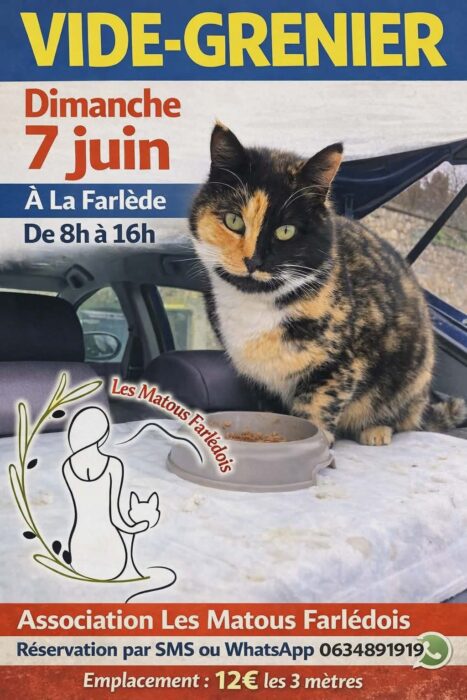 "Affiche pour un vide-grenier organisé par l'association Les Matous Farlédois, dimanche 7 juin à La Farlède de 8h à 16h. Réservation par SMS ou WhatsApp au 06 34 89 19 19. Emplacement : 12€ les 3 mètres."
