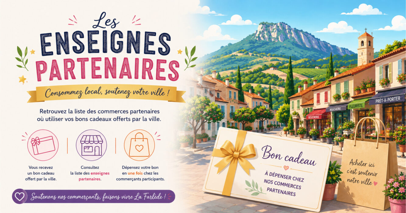 Illustration colorée représentant une rue commerçante provençale au pied du mont Coudon. Des boutiques de proximité bordent une place animée, tandis qu'un bon cadeau symbolique et un sac de shopping évoquent les enseignes partenaires de la Ville de La Farlède et le soutien au commerce local.