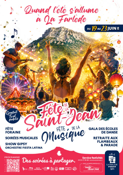 « Affiche pour la Fête de la Musique à La Farlède, du 19 au 23 juin 2026. Titre : 'Quand l'été s'allume à La Farlède'. Événements : Fête foraine, soirées musicales, show Gipsy, orchestre Fiesta Latina, gala des écoles de danse, retraite aux flambeaux et parade. Illustration festive avec des musiciens, une grande roue et des lanternes. Entrée gratuite pour tout public. »