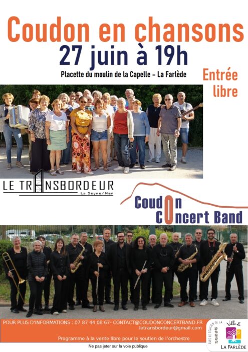 "Affiche pour le concert 'Coudon en chansons' avec le Coudon Concert Band et Le Transbordeur, le 27 juin à 19h à la placette du moulin de la Capelle à La Farlède. Entrée libre."