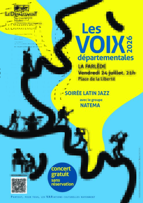 "Affiche pour la soirée Latin Jazz des 'Voix départementales' à La Farlède, le mercredi 24 juillet 2026 à 21h, place de la Liberté. Concert gratuit sans réservation avec le groupe NATEMA. Organisé par le Département du Var."