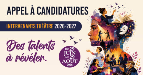 « Affiche d'appel à candidatures pour des intervenants théâtre à La Farlède pour la saison 2026-2027. Titre : 'Appel à candidatures - Intervenants théâtre 2026-2027'. Sous-titre : 'Des talents à révéler'. Illustration stylisée avec un profil de femme dont les cheveux se transforment en scènes de théâtre (personnages, livres ouverts, masque de théâtre). Dates de candidature : du 29 juin au 29 août 2026. »