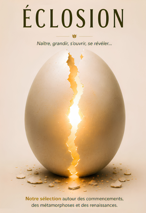 Affiche Éclosion avec un œuf fissuré laissant apparaître une lumière, symbolisant les débuts, la transformation et le renouveau.