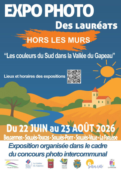 "Affiche pour l'Expo Photo 'Hors les Murs' des lauréats du concours photo intercommunal, du 22 juin au 23 août 2026. Thème : 'Les couleurs du Sud dans la Vallée du Gapeau'. Expositions à Belgentier, Solliès-Toucas, Solliès-Pont, Solliès-Ville et La Farlède."