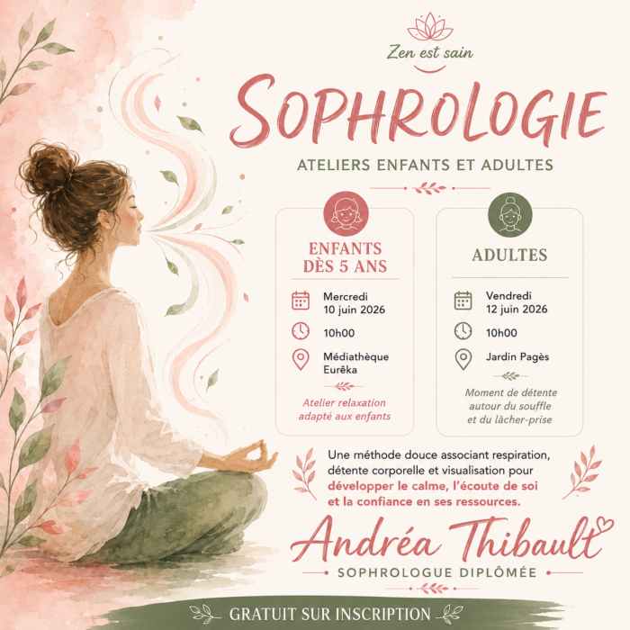 Affiche ateliers de sophrologie les 10 et 12 juin 2026 à La Farlède, avec séances enfants et adultes autour de la relaxation et du bien-être.