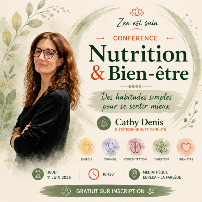 Affiche conférence Nutrition et Bien-être le 11 juin 2026 à La Farlède, avec conseils pour adopter des habitudes simples favorisant l’énergie, le sommeil et la digestion.