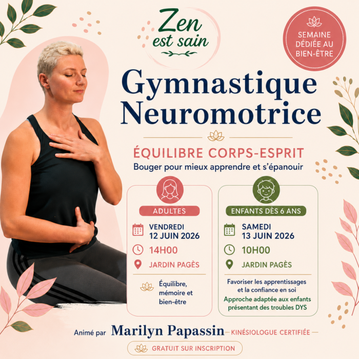 Affiche Gymnastique Neuromotrice les 12 et 13 juin 2026 à La Farlède, avec ateliers pour adultes et enfants autour de l’équilibre corps-esprit.