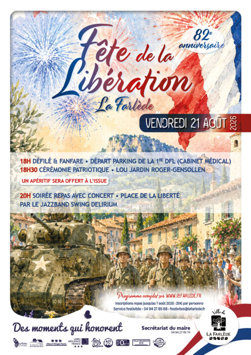 Affiche de la Fête de la Libération 2026 à La Farlède annonçant le défilé, la cérémonie patriotique et la soirée concert du vendredi 21 août 2026.