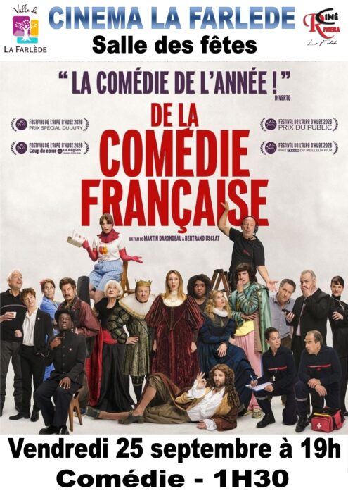 "Affiche pour la projection du film 'La Comédie Française' au Cinéma La Farlède, salle des fêtes, le vendredi 25 septembre 2026 à 19h. Séance de comédie d'une durée de 1h30. Film primé au Festival de l'Alpe d'Huez 2026 (Prix spécial du jury, Prix du public, Coup de cœur, Prix Canal+ du meilleur film)."