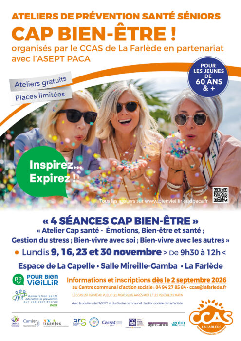 « Affiche des ateliers gratuits de prévention santé seniors “Cap Bien-être” organisés par le CCAS de La Farlède, les lundis 9, 16, 23 et 30 novembre 2026 de 9 h 30 à 12 h à l’Espace de La Capelle »