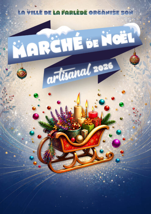 « Affiche du Marché de Noël artisanal 2026. Illustration festive avec un traîneau rouge rempli de cadeaux, de bougies allumées, de branches de sapin et de décorations colorées. Fond bleu nuit avec des éclaboussures de lumière et des motifs hivernaux. Texte : 'Marché de Noël artisanal 2026'. »