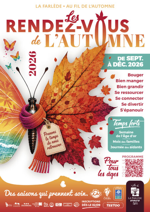 « Affiche des Rendez-vous de l'Automne 2026 à La Farlède. Illustration avec un papillon aux ailes en forme de feuilles d'automne, portant une écharpe orange et rose, et tenant une étiquette avec le texte 'Prenons le temps de nous retrouver'. Dates : de septembre à décembre 2026. Thème : Bouger, Bien manger, Bien grandir, Se ressourcer, Se connecter, Se divertir, S'épanouir. »