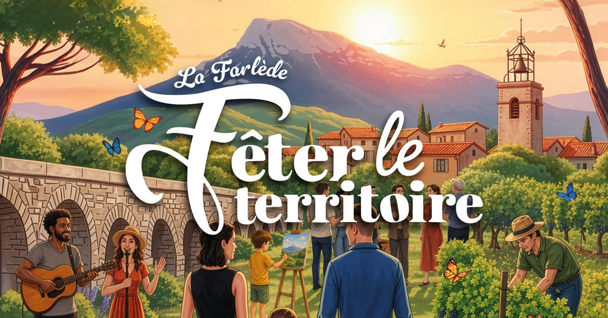 « Affiche pour la Fête du Territoire à La Farlède. Illustration d'un village provençal avec des habitants participant à des activités conviviales : musique, peinture, cueillette, discussions. Paysage avec des maisons en pierre, des toits en tuiles, un clocher, une montagne en arrière-plan, et des éléments naturels comme des arbres, des vignes et des papillons. Texte : 'La Farlède - Fêter le territoire'. »