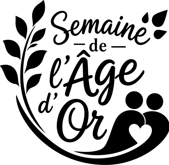 « Logo pour la Semaine de l'Âge d'Or. Texte : 'Semaine de l'Âge d'Or' avec une illustration de feuilles et de silhouettes de personnes âgées stylisées. »