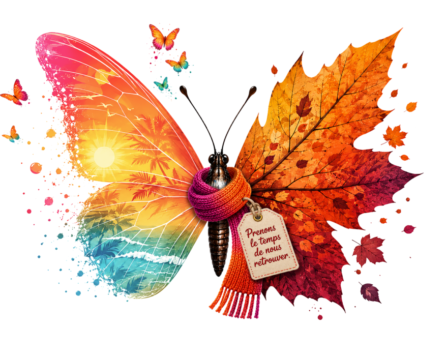 « Illustration pour les Rendez-vous de l'Automne 2026 à La Farlède. Un papillon stylisé aux ailes en forme de feuilles d'automne (rouges, oranges, jaunes) avec une écharpe orange et rose. Le corps du papillon porte une étiquette avec le texte : 'Prenons le temps de nous retrouver'. En arrière-plan, des papillons colorés, des feuilles d'automne et des éclaboussures de peinture. »