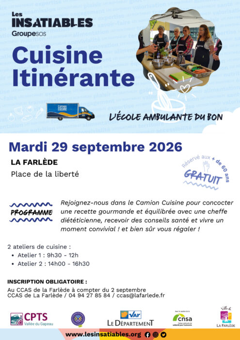 « Affiche des Insatiables – Groupe SOS présentant une étape de la Cuisine itinérante, une école ambulante du bon, à La Farlède le mardi 29 septembre 2026. »