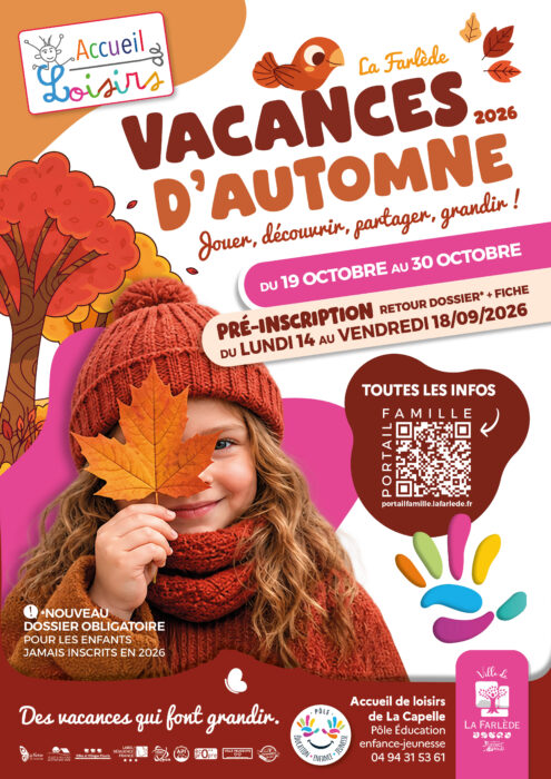 Affiche des vacances d’automne 2026 de l’Accueil de loisirs de La Capelle à La Farlède, du 19 au 30 octobre.