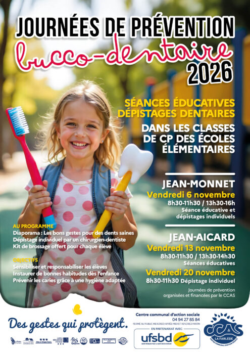 Affiche des Journées de prévention bucco-dentaire 2026 à La Farlède, avec séances éducatives et dépistages dentaires dans les écoles élémentaires.