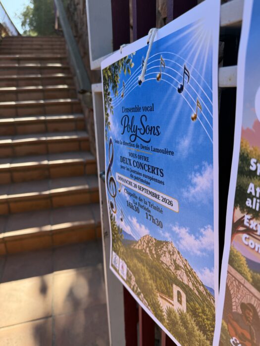 Affiche annonçant les deux concerts de l’ensemble vocal Poly-Sons à la chapelle de la Trinité à La Farlède, le 20 septembre 2026.