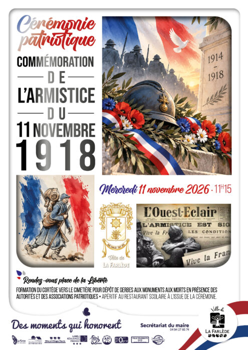 Affiche de la cérémonie patriotique de commémoration de l’Armistice du 11 novembre 1918, organisée le mercredi 11 novembre 2026 à 11 h 15 à La Farlède. Rendez-vous place de la Liberté, puis cortège vers le cimetière pour le dépôt de gerbes aux monuments aux morts.