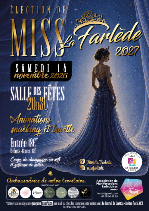 Affiche de l’élection de Miss La Farlède 2027, samedi 14 novembre 2026 à 20h30 à la salle des fêtes. Animations, snacking et buvette. Entrée 18 €, 12 € pour les enfants de moins de 12 ans. Réservation obligatoire jusqu’au 10 novembre.